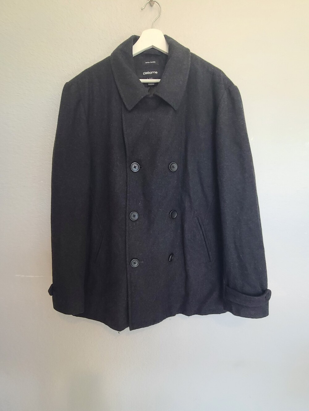 Claiborne Men's Wool Blend Dark Gray Double-Breasted Pea Coat Dress Coat Size XL